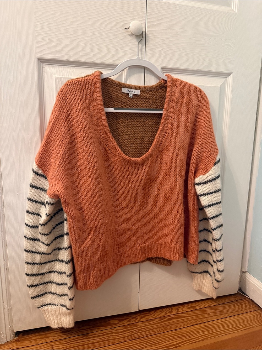 Women's Oversized Pink Rust Sweater with Striped Sleeves
